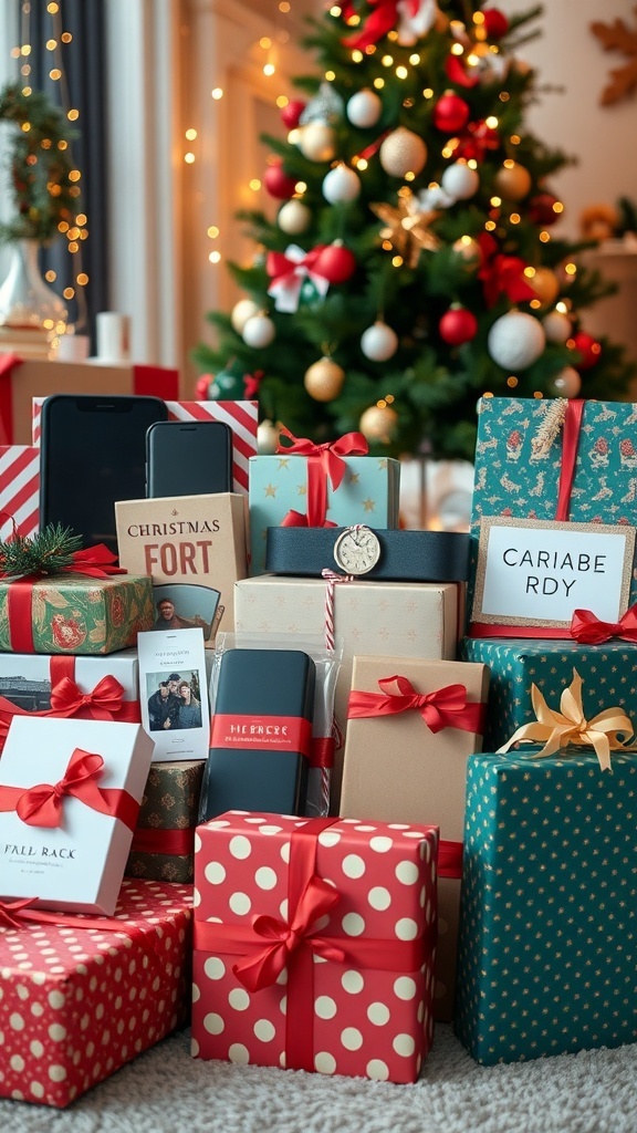 A collection of Christmas gifts including gadgets and books, wrapped in colorful paper, with a Christmas tree in the background.